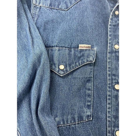Vintage Carhartt Shirt Mens Medium Blue Denim Western Pearl Snap Made USA - Picture 5 of 11